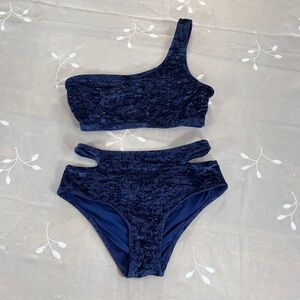 Tropik Navy Deep Blue One-Shoulder Velvet Bikini Set Woman Size Small